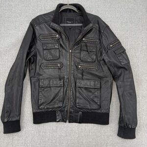 7 Diamonds Leather Jacket Men Sz L Black Full Zip Multi Pocket Bomber Motorcycle
